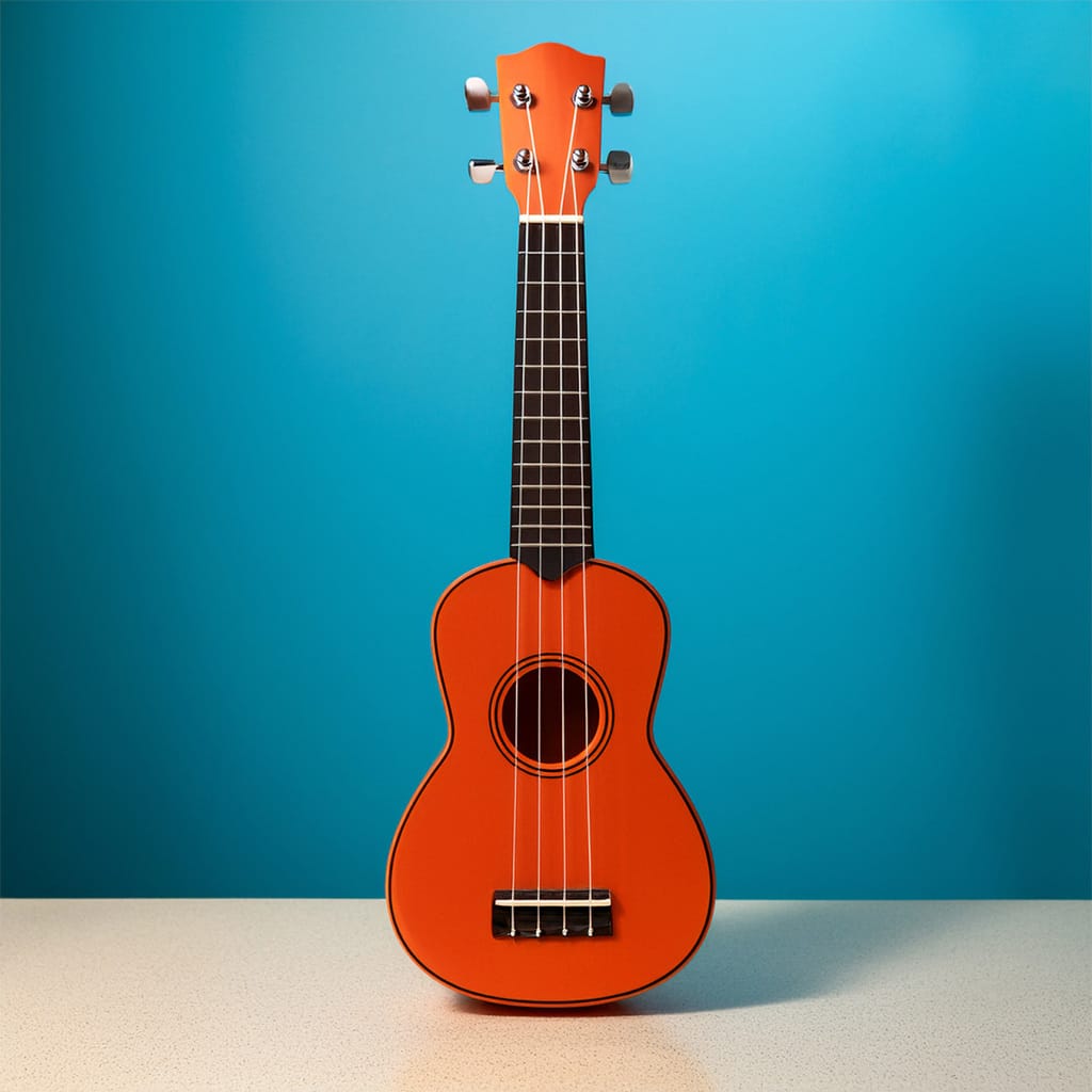 Valokuva oranssista ukulelesta sinisellä taustalla.